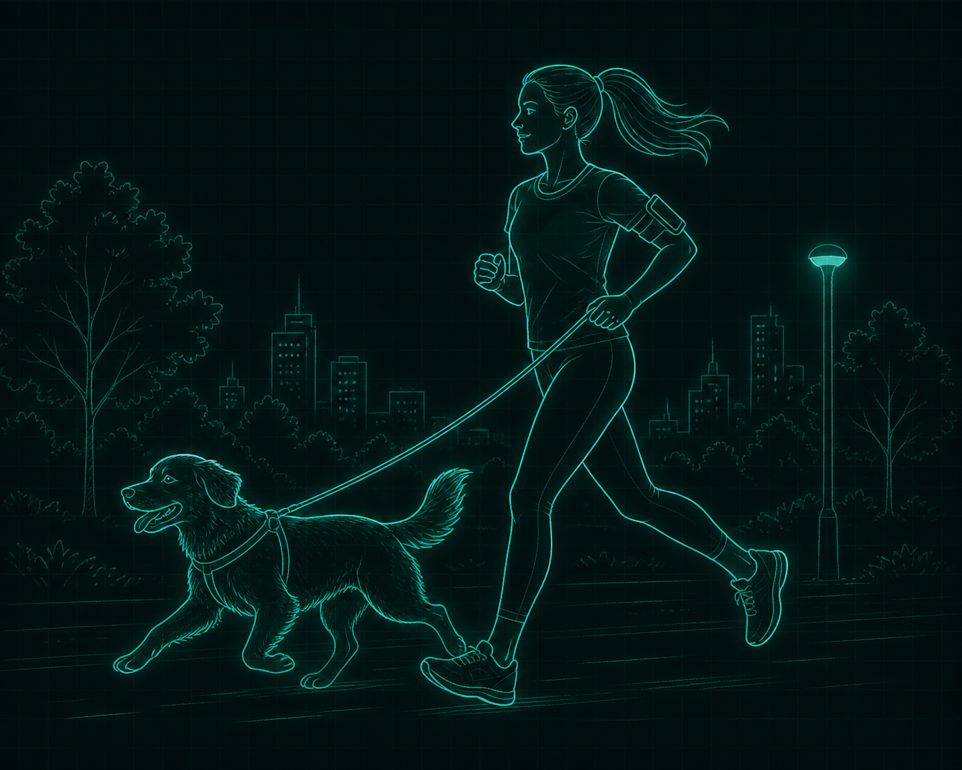 Girl walking dog nearby scenario in sketch style