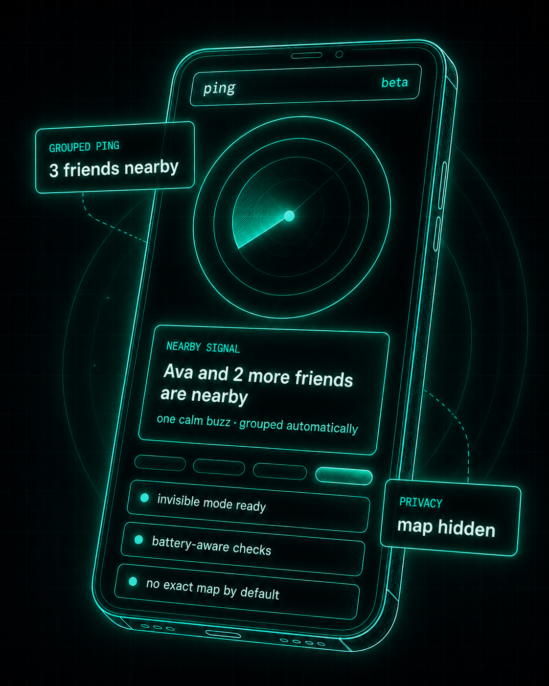 Sketch-style Ping mobile screen showing grouped nearby friends and map hidden privacy